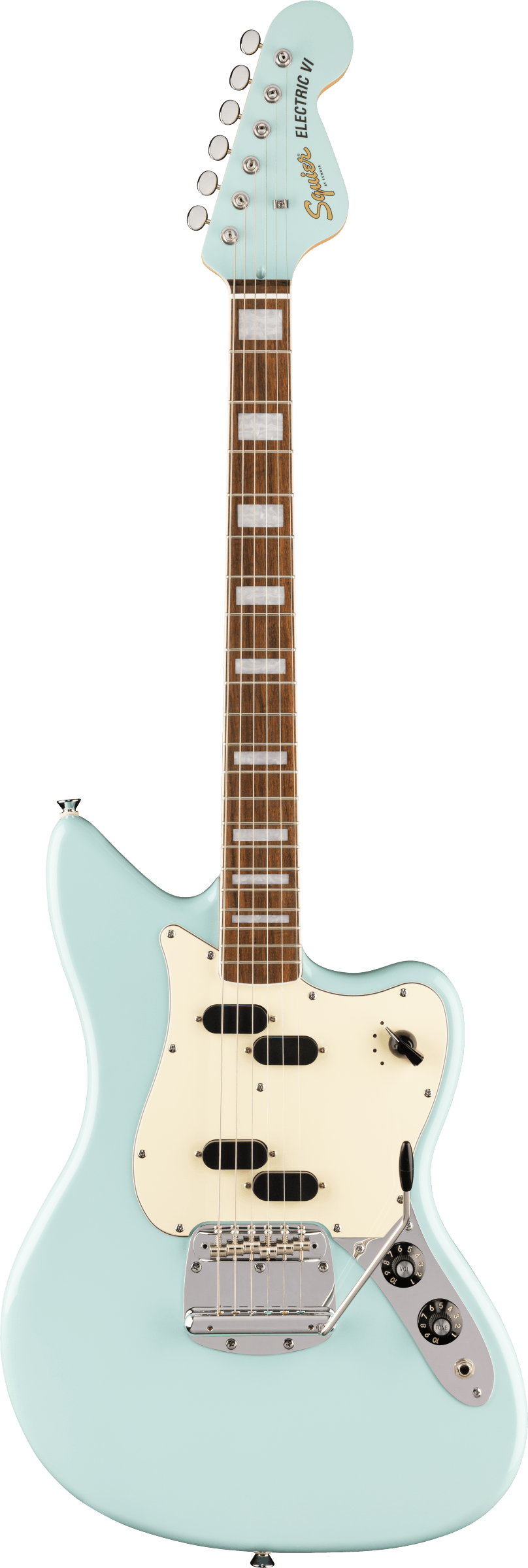 Squier Paranormal Electric VI - Laurel Fingerboard - Parchment Pickguard - Matching Headstock - Daphne Blue