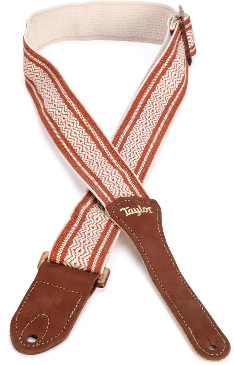 Taylor 2" Academy Jacquard Cotton Guitar Strap - White / Brown, Amber Buckle