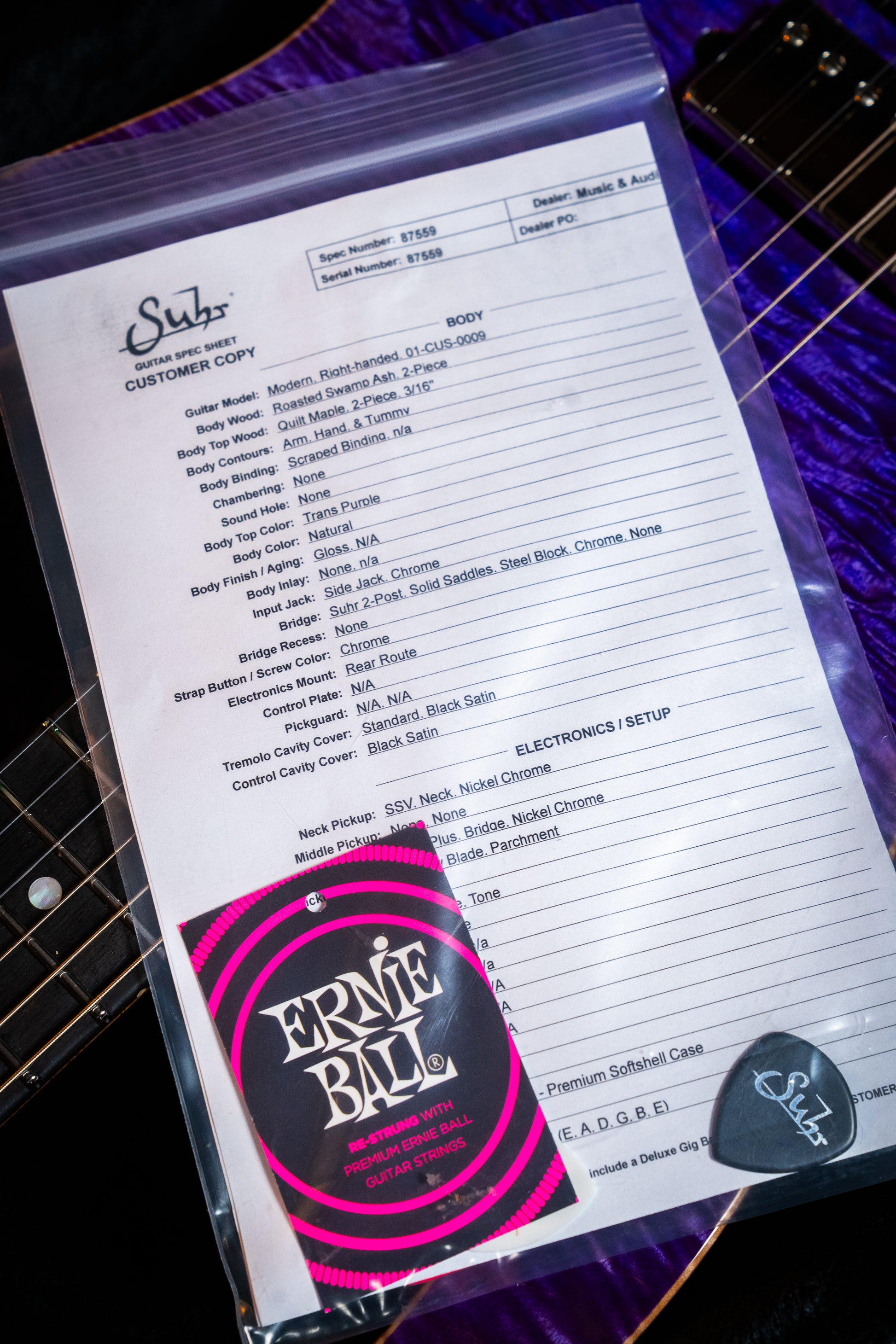 Suhr Custom Modern HH - Roasted Swamp Ash / Curly Maple Top - Trans Purple (#87559)