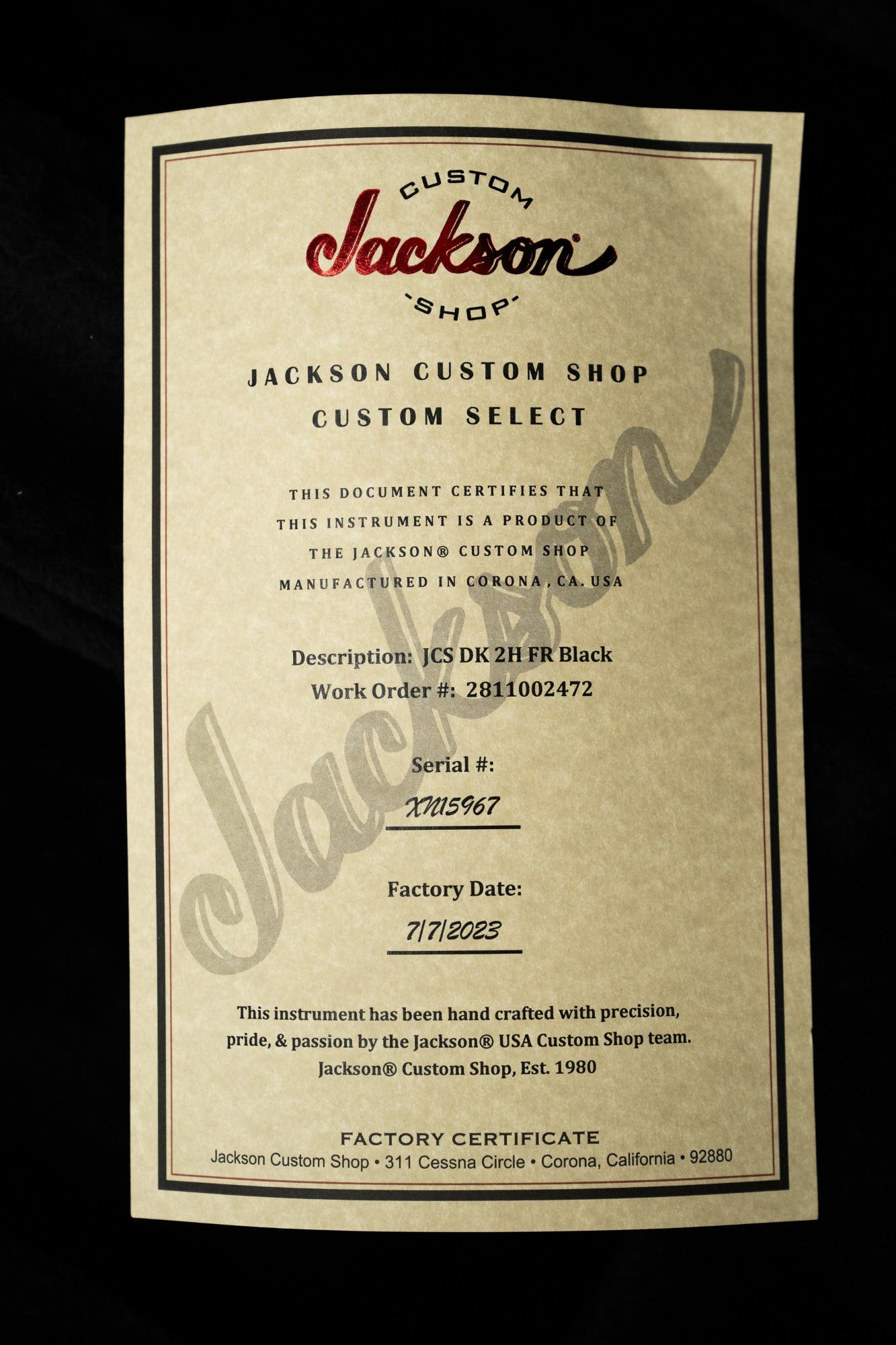 Jackson Custom Shop DK 2H FR Electric Guitar - Black