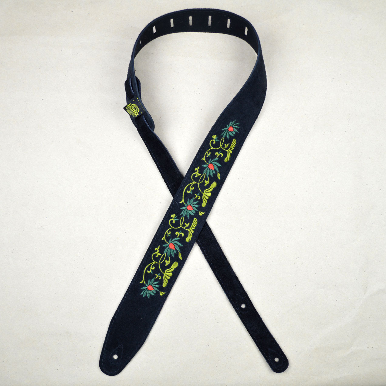 Colonial Leather "Flower and Leaves" Embroidered Black Suede Guitar Strap
