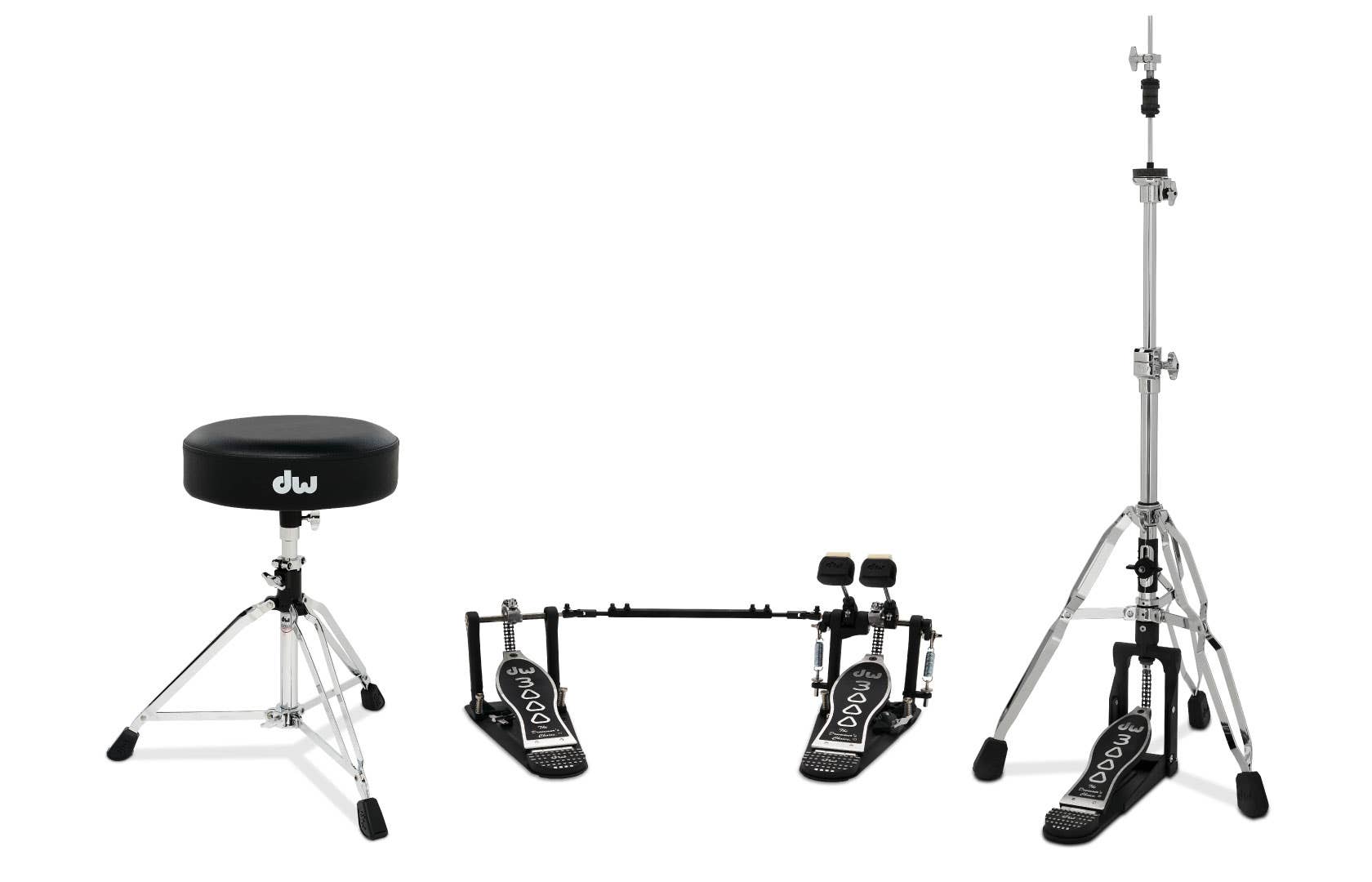 DW 3pc Hardware Pack. Inc: 3000 Series Double Pedal, 3-leg Hi-Hat Stand & Stool