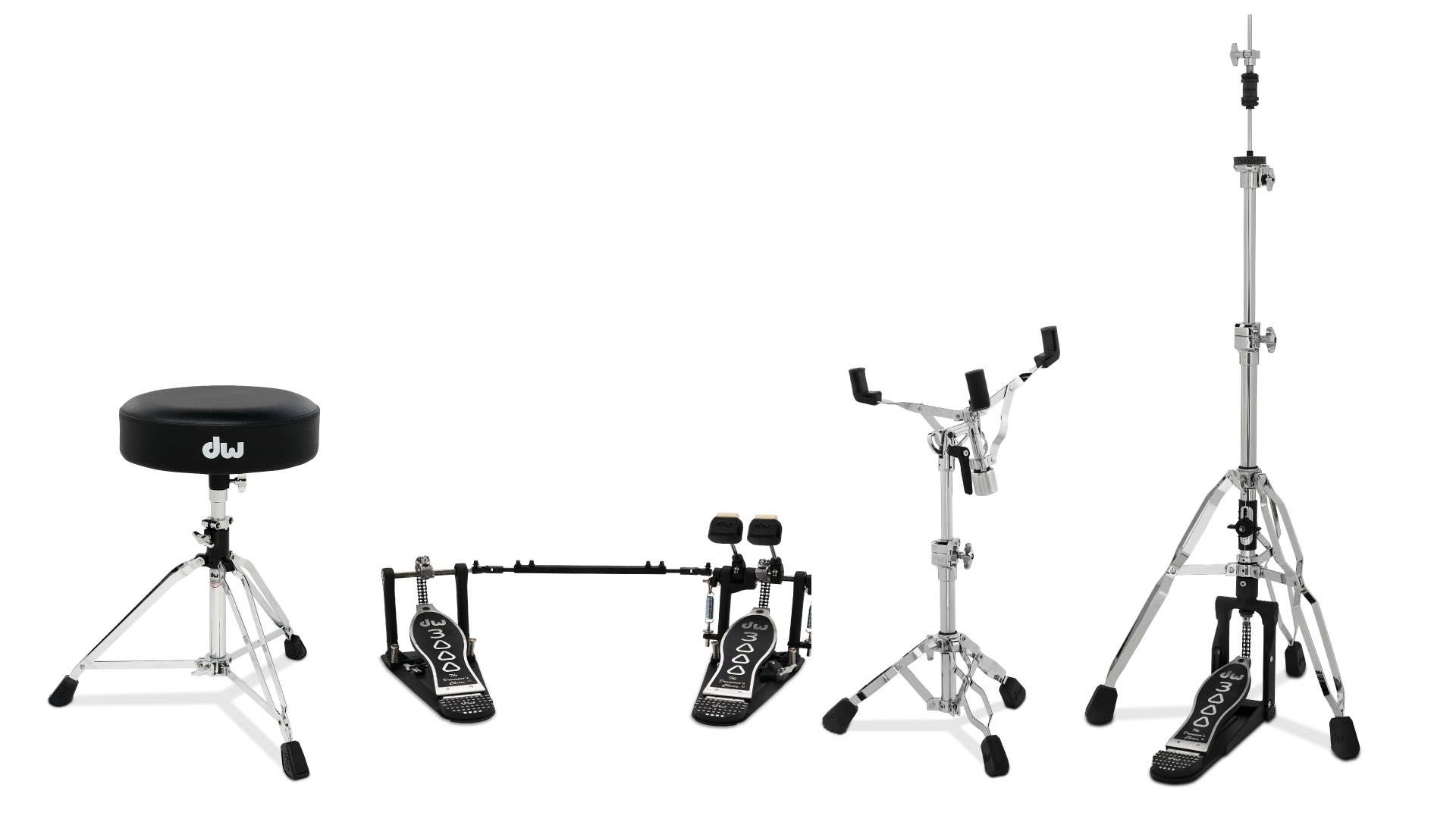 DW 4pc Hardware Pack. Inc: 3000 Series Double Pedal, 3-leg Hi-Hat Stand, Snare Stand & Stool