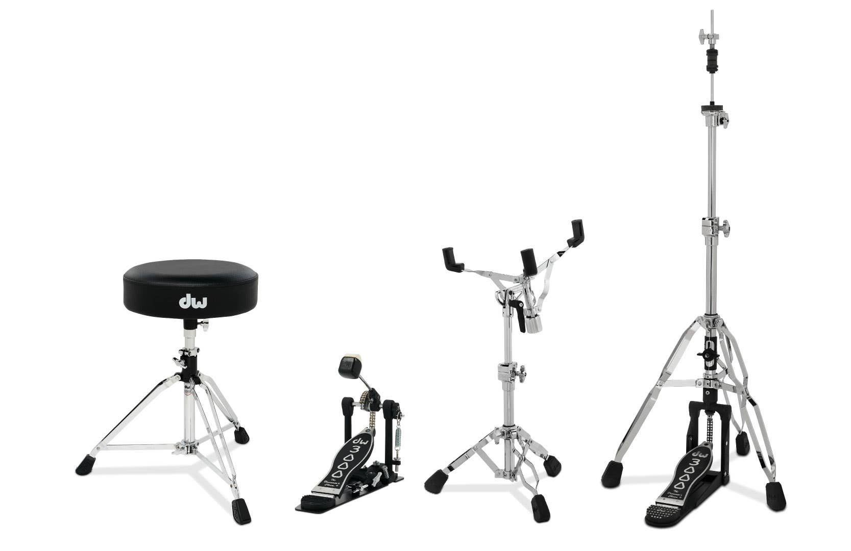 DW 4pc Hardware Pack. Inc: 3000 Series Single Pedal, 3-leg Hi-Hat Stand, Snare Stand & Stool