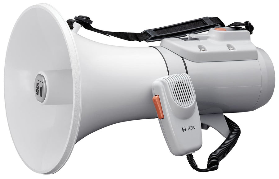 ER-2215W Shoulder Type Megaphone with Whistle  ER-2215W ER-2215W The ER-2215W is a shoulder megaphone rated at 15 W of output. The ER-2215W comes with a whistle and has a separate microphone. It can be mounted to the optional ST-16A speaker stand. The new