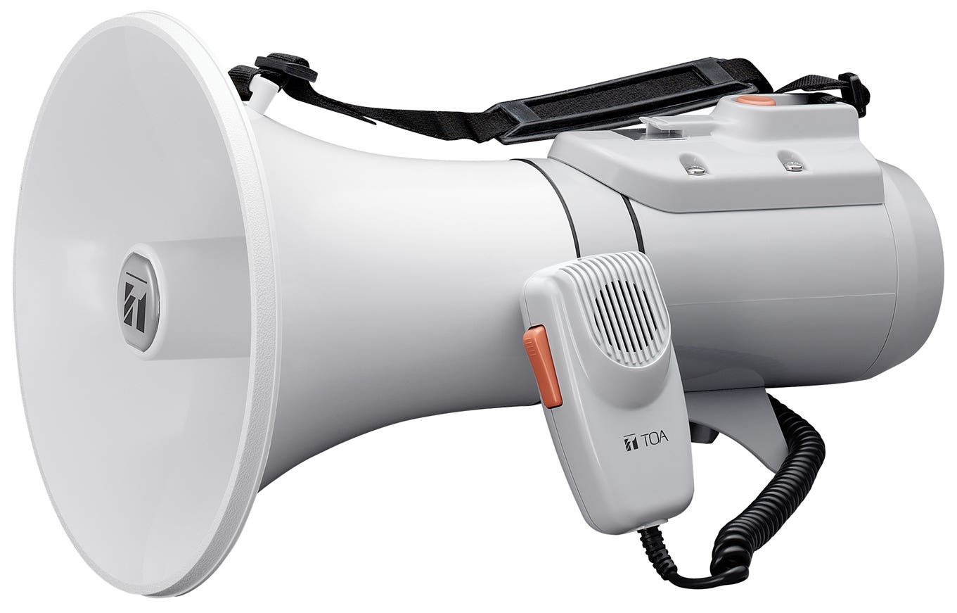 ER-2215W Shoulder Type Megaphone with Whistle  ER-2215W ER-2215W The ER-2215W is a shoulder megaphone rated at 15 W of output. The ER-2215W comes with a whistle and has a separate microphone. It can be mounted to the optional ST-16A speaker stand. The new
