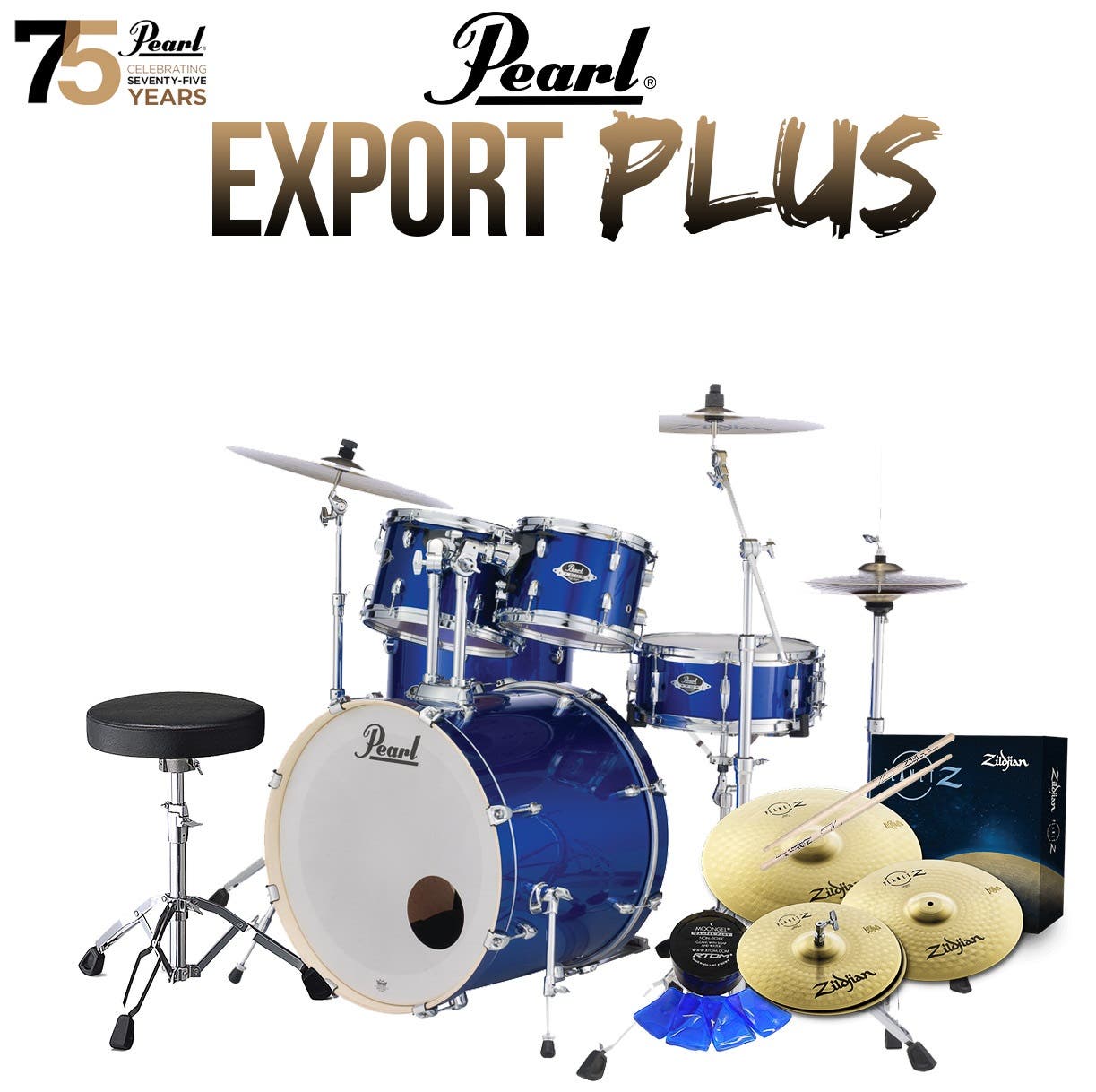 Pearl Export Plus 22" 5pc Drum Kit Package w/Zildjian Cymbals - High Voltage Blue - One Only