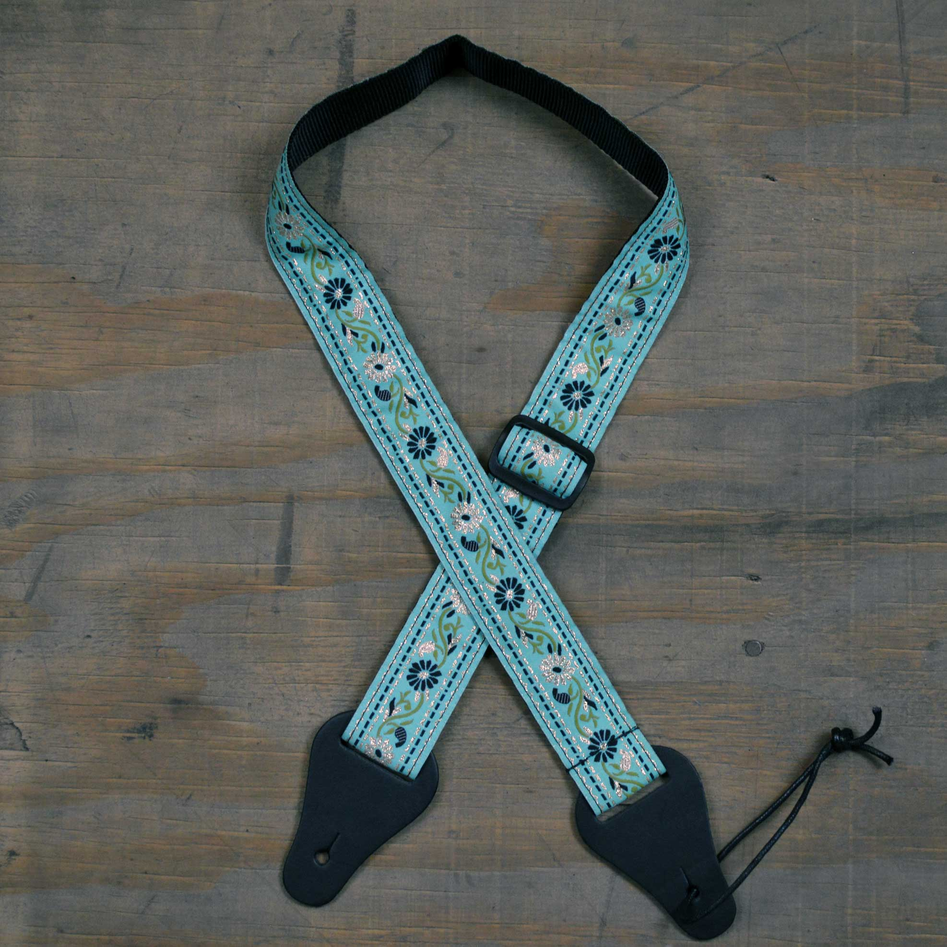 Colonial Leather Jacquard/Poly Ukulele Strap - Aqua Flower
