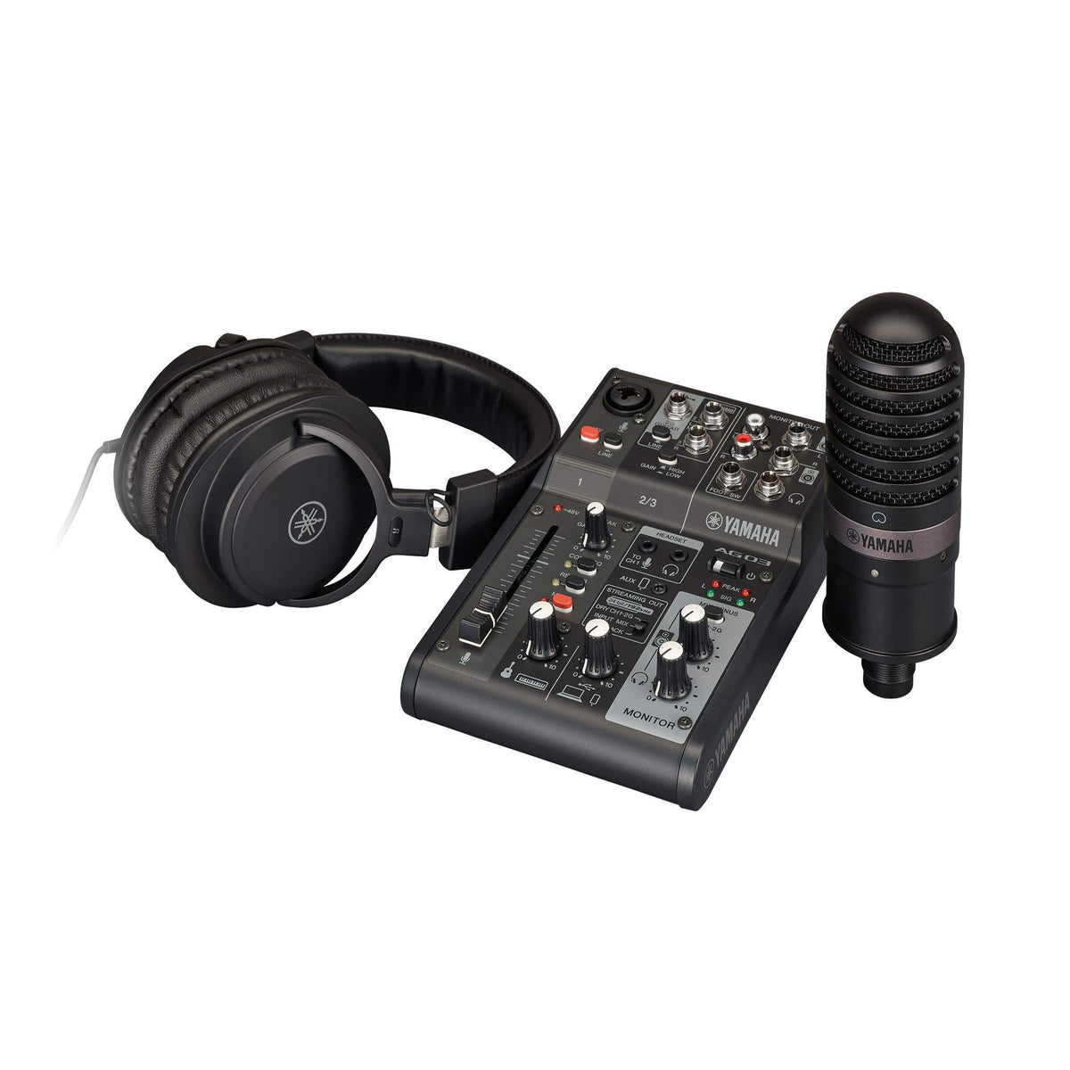 Yamaha AG03MK2 Live Streaming Mixer Bundle w/YCM01 Mic & YH-MT1 Studio Headphones - Black