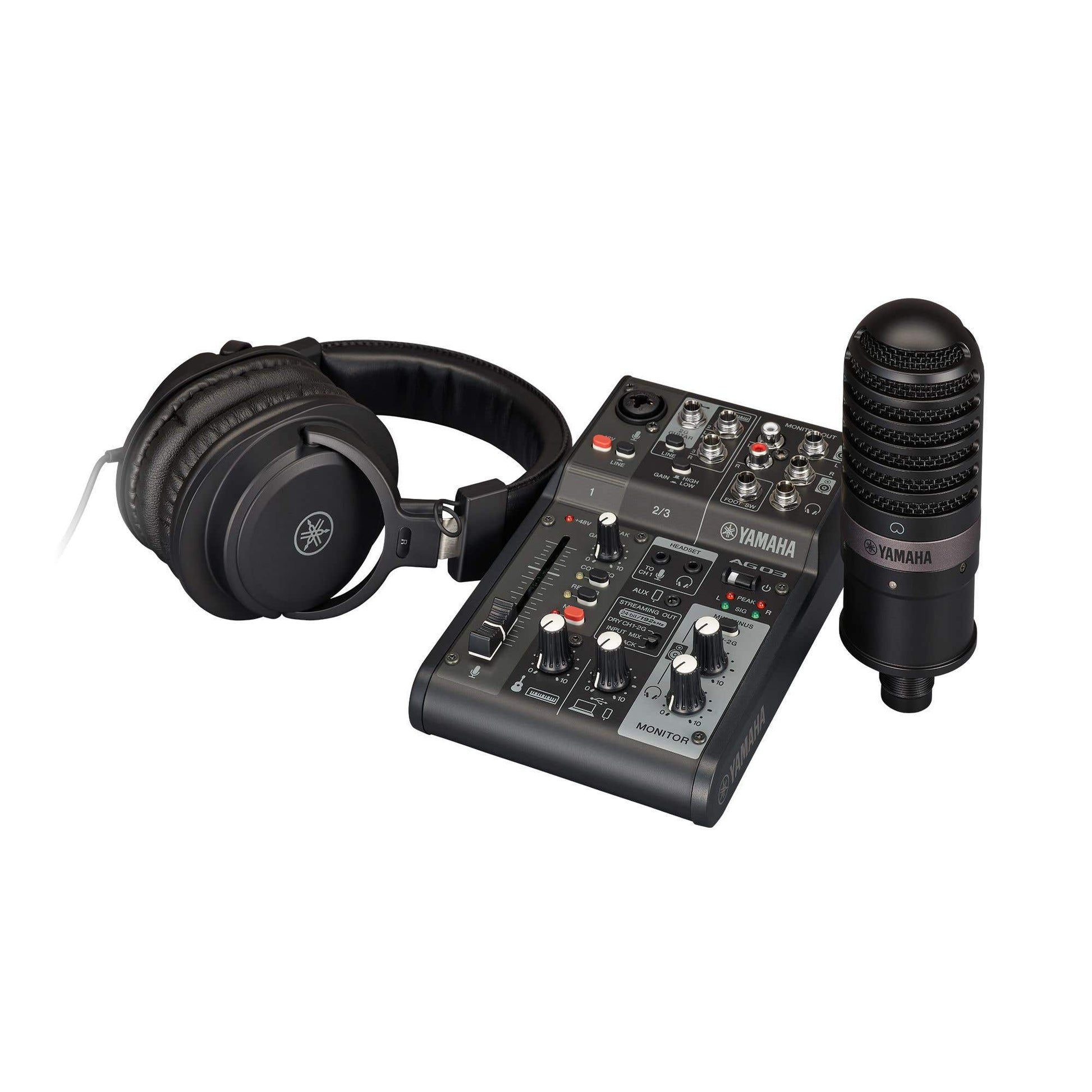 Yamaha AG03MK2 Live Streaming Mixer Bundle w/YCM01 Mic & YH-MT1 Studio Headphones - Black
