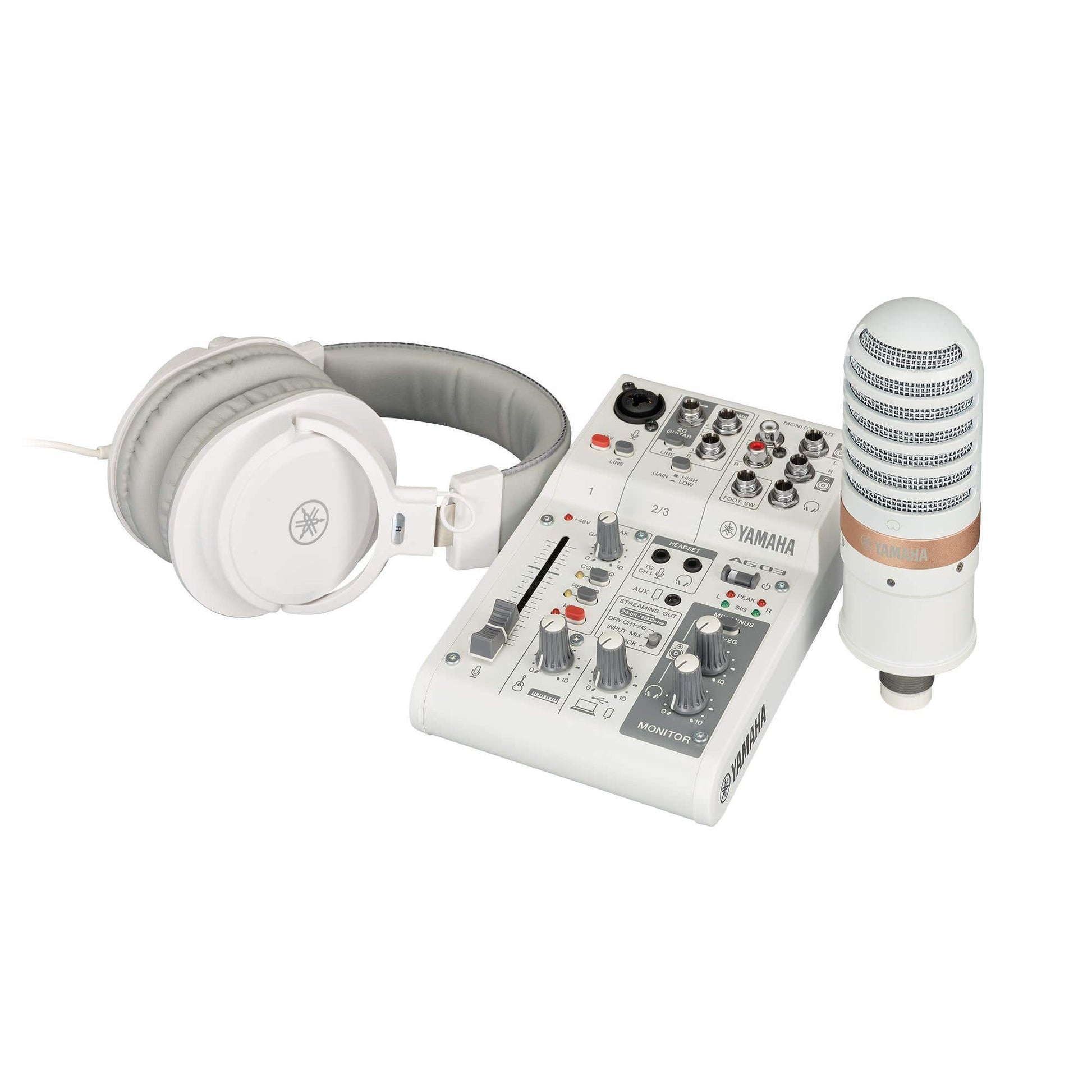 Yamaha AG03MK2 Live Streaming Mixer Bundle w/YCM01 Mic & YH-MT1 Studio Headphones - White