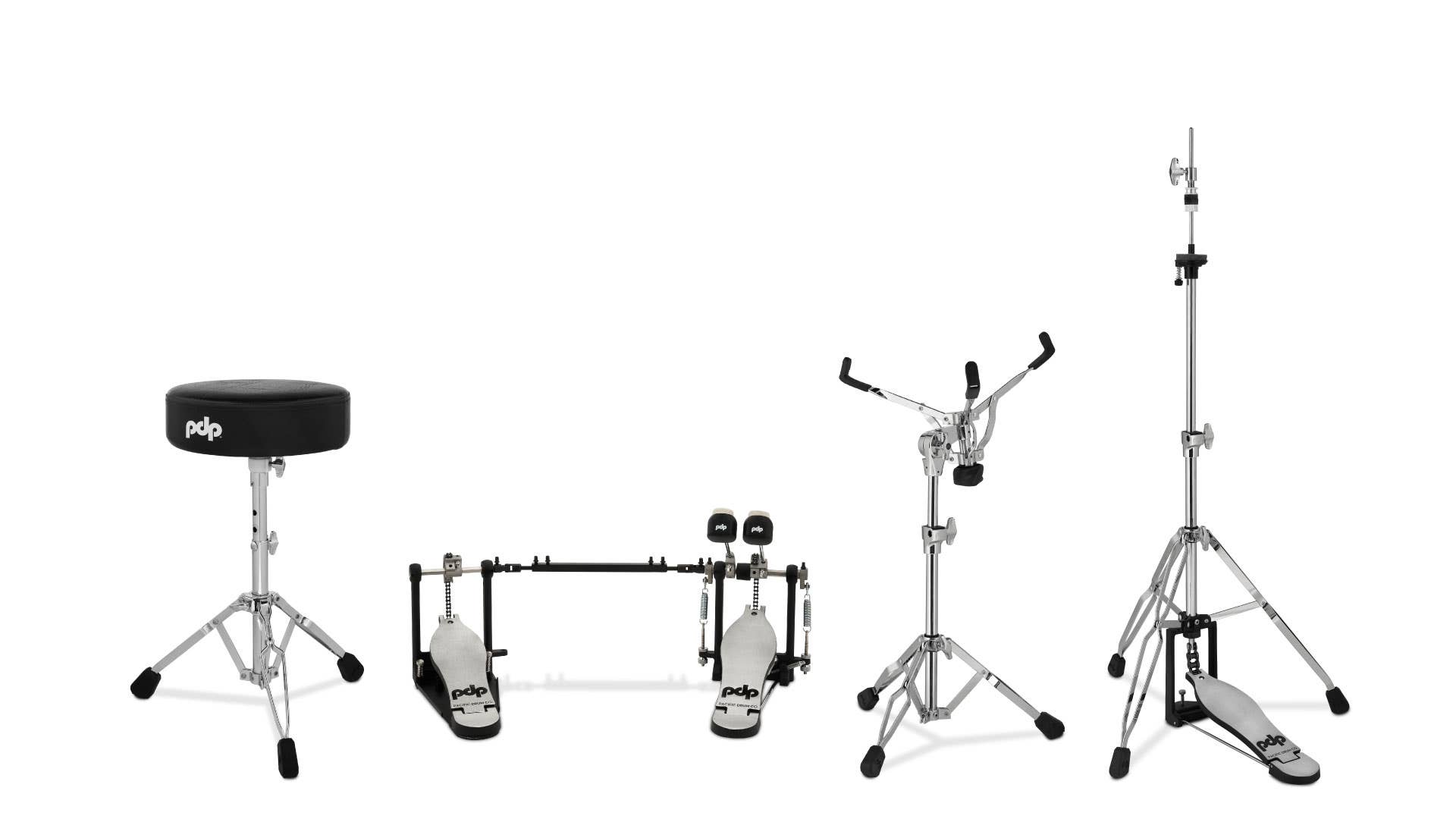 PDP 4pc Hardware Pack. Inc: 700 Series Double Pedal, 3-leg Hi-Hat Stand, Snare Stand & Stool