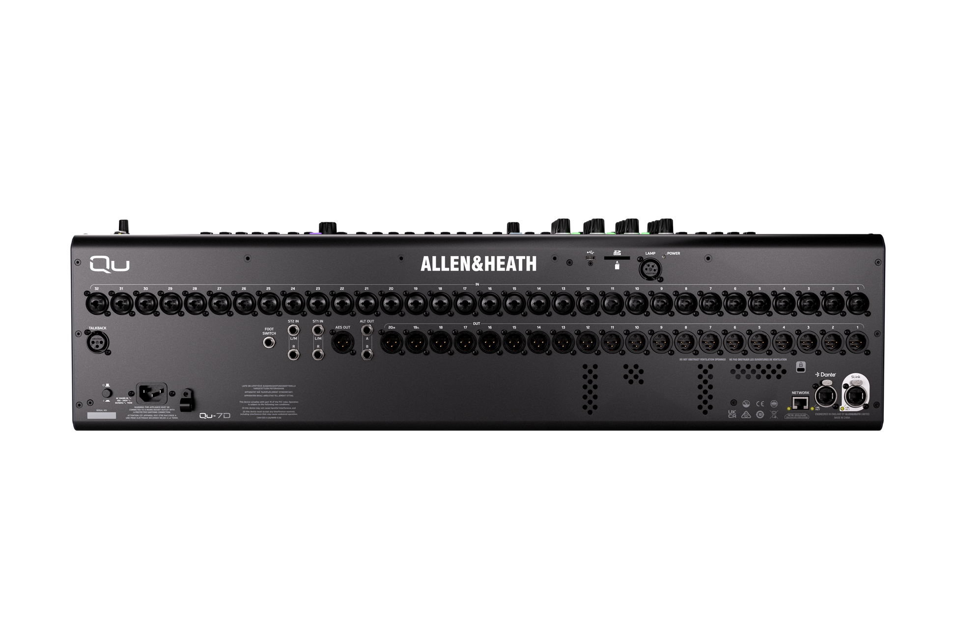 Allen and Heath Qu7D 32ch 96kHz mixer - 33 faders, 32/20 local I/O, 6FX, 16x16 Dante