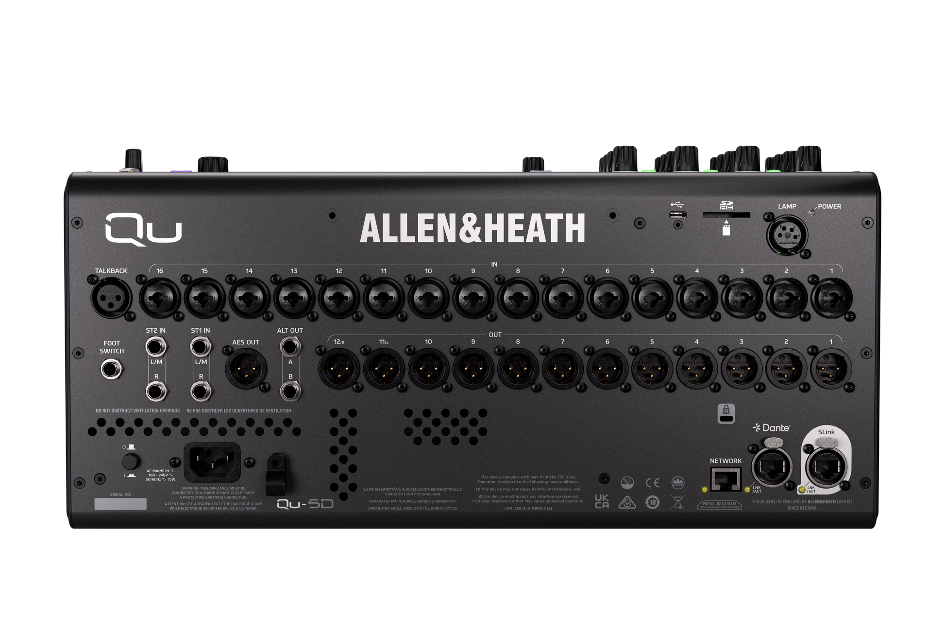 Allen and Heath Qu5D 32ch 96kHz Mixer - 17 faders, 16/12 local I/O, 6FX, 16x16 Dante, rackmountable
