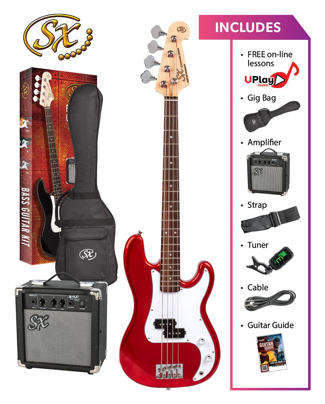 SX SB2SKCAR "P" Style Bass Package - Candy Apple Red