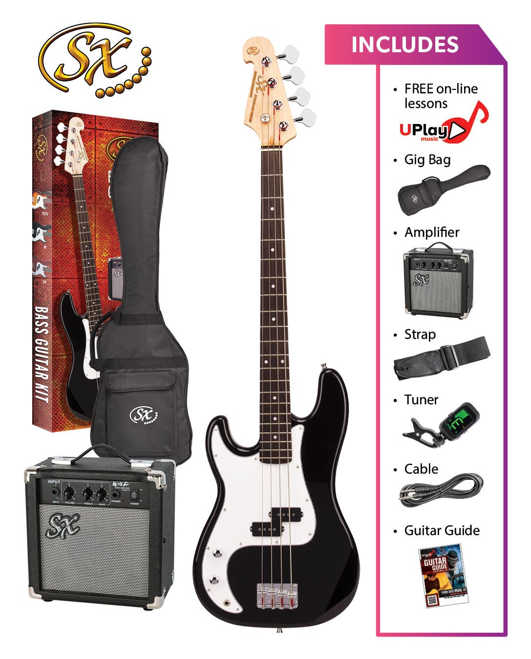 SX SB2SKLHB "P" Style Bass Package - Left Handed - Black
