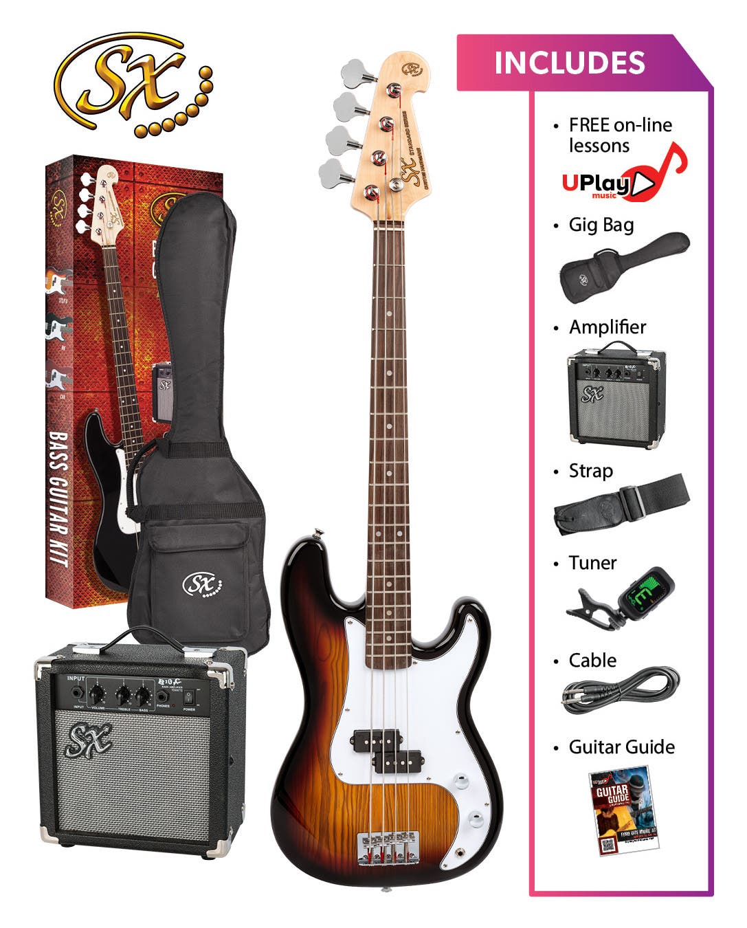 SX SB2SKTS "P" Style Bass Package - 3-Tone Sunburst