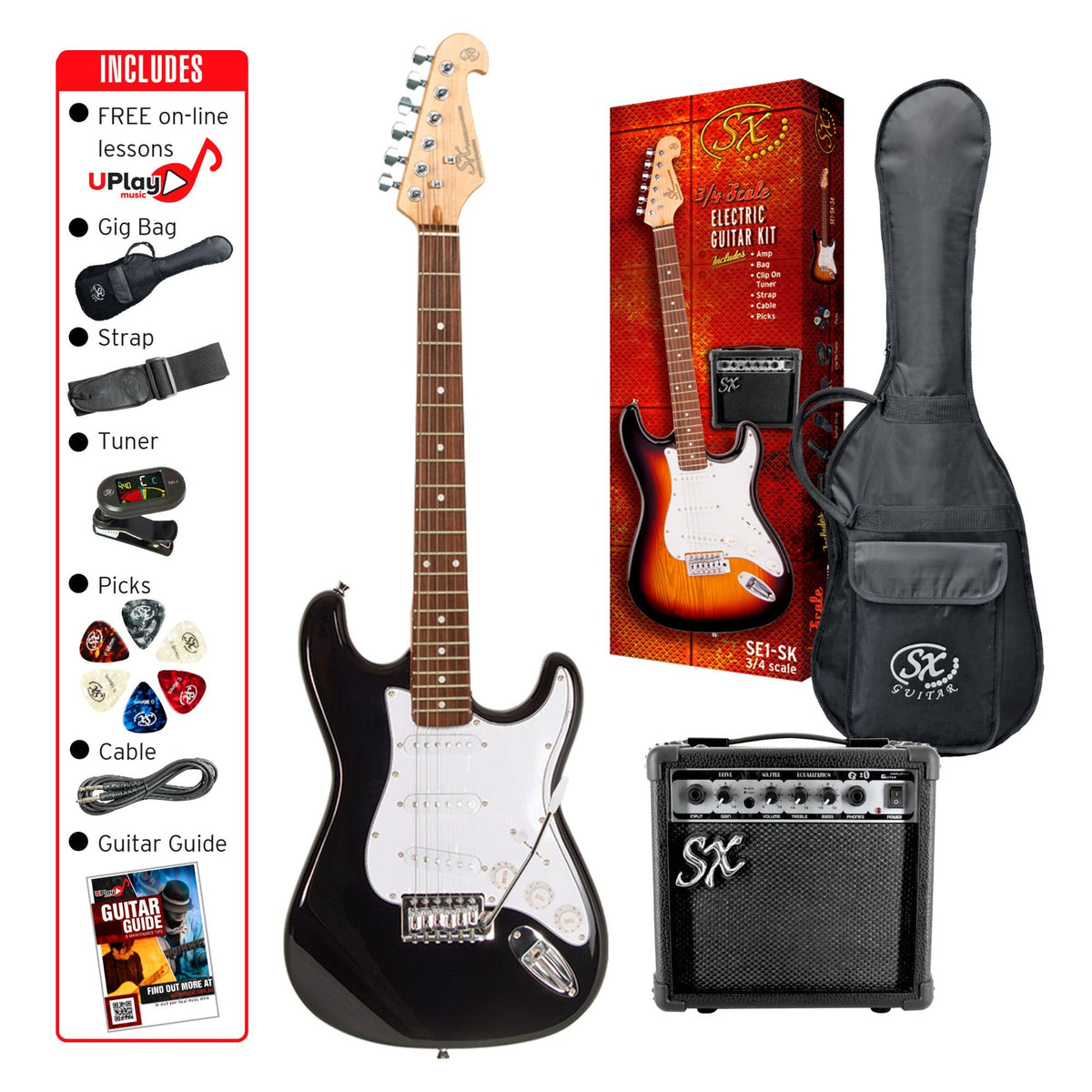 SX SE1SK34B "ST" Style 3/4 Electric Guitar Package - Black