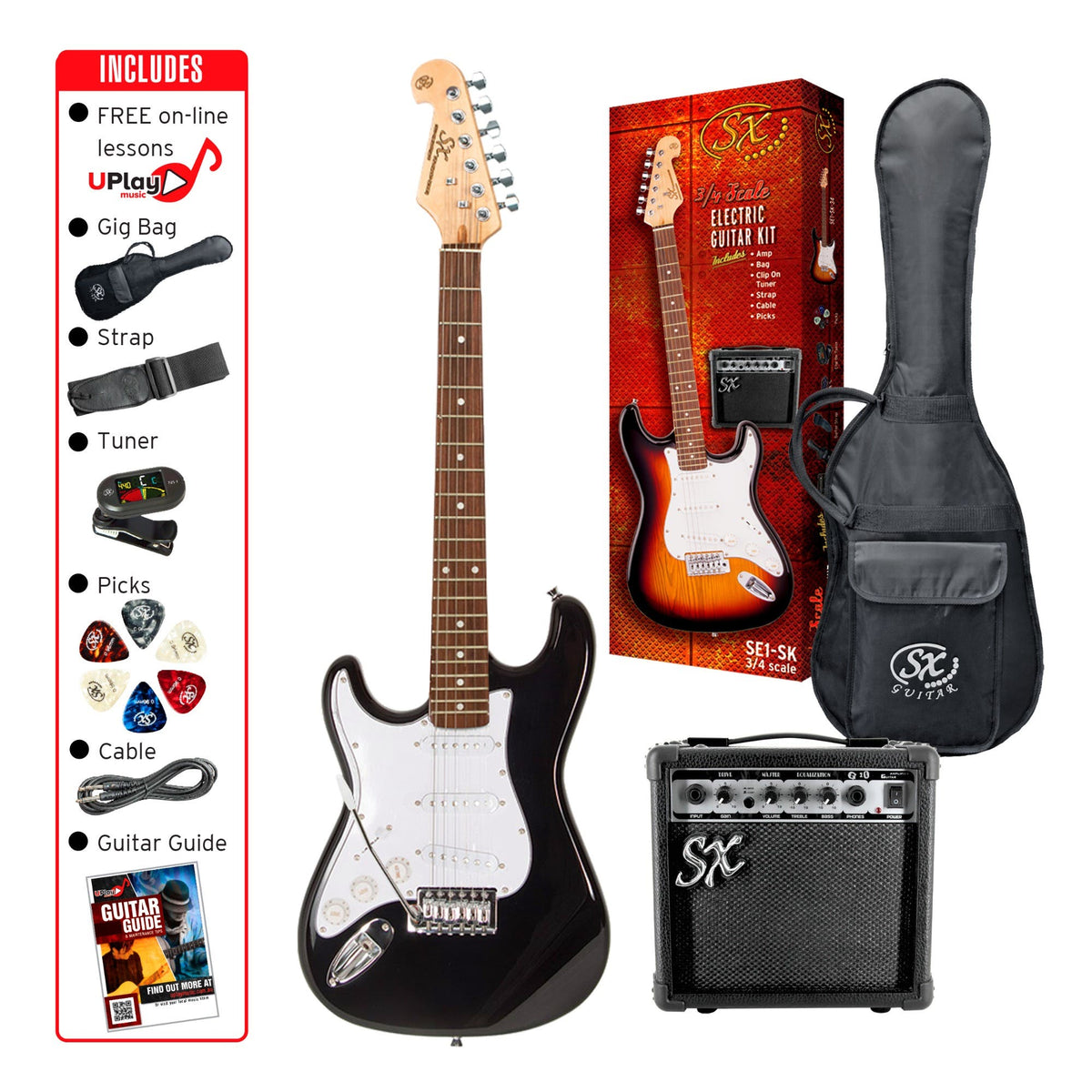 SX SE1SK34LHB "ST" Style 3/4 Electric Guitar Package - Left Handed - Black