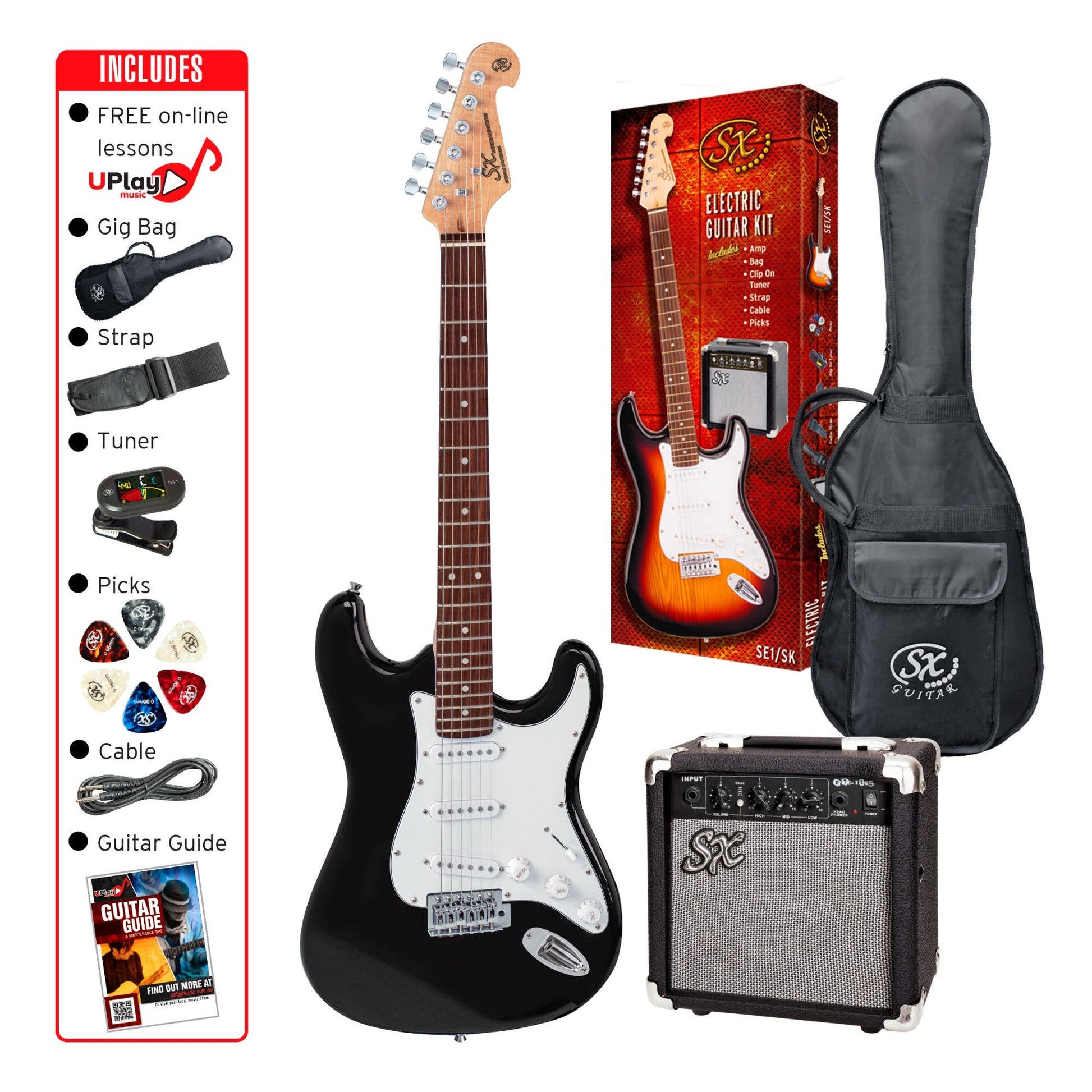 SX SE1SKB "ST" Style Electric Guitar Package - Black