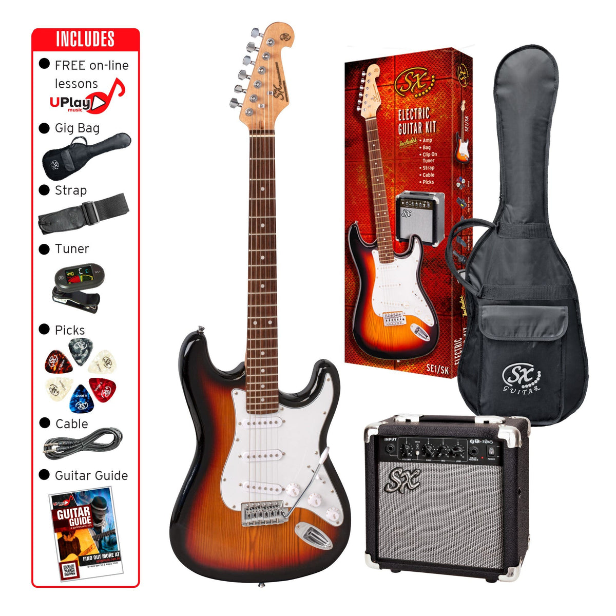SX SE1SKTS "ST" Style Electric Guitar Package - 3-Tone Sunburst