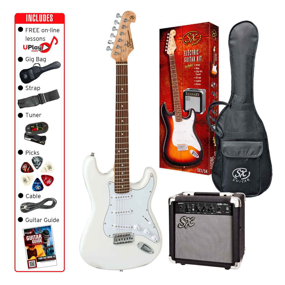 SX SE1SKW "ST" Style Electric Guitar Package - White