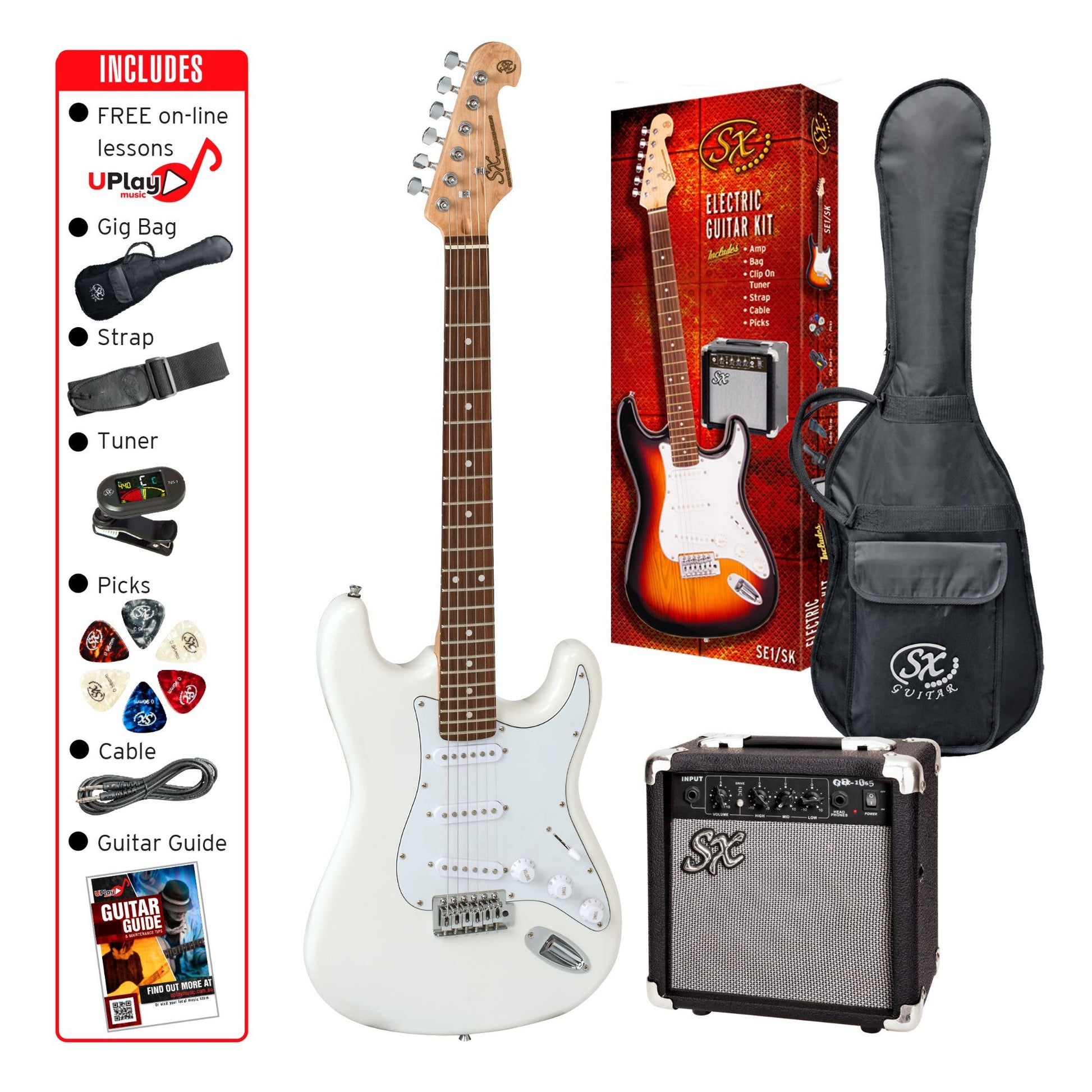 SX SE1SKW "ST" Style Electric Guitar Package - White