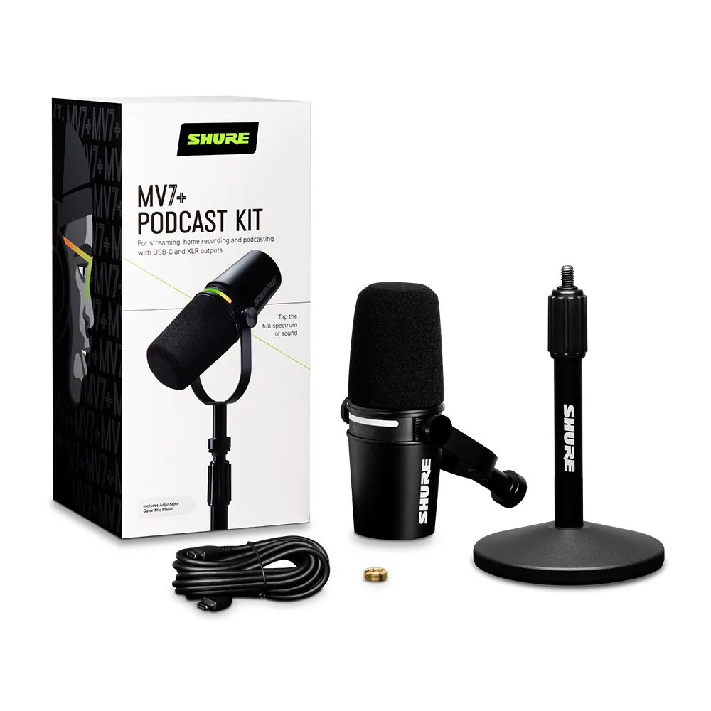 Shure Motiv MV7+ Dual Output Podcast Microphone Bundle w/Stand - Black
