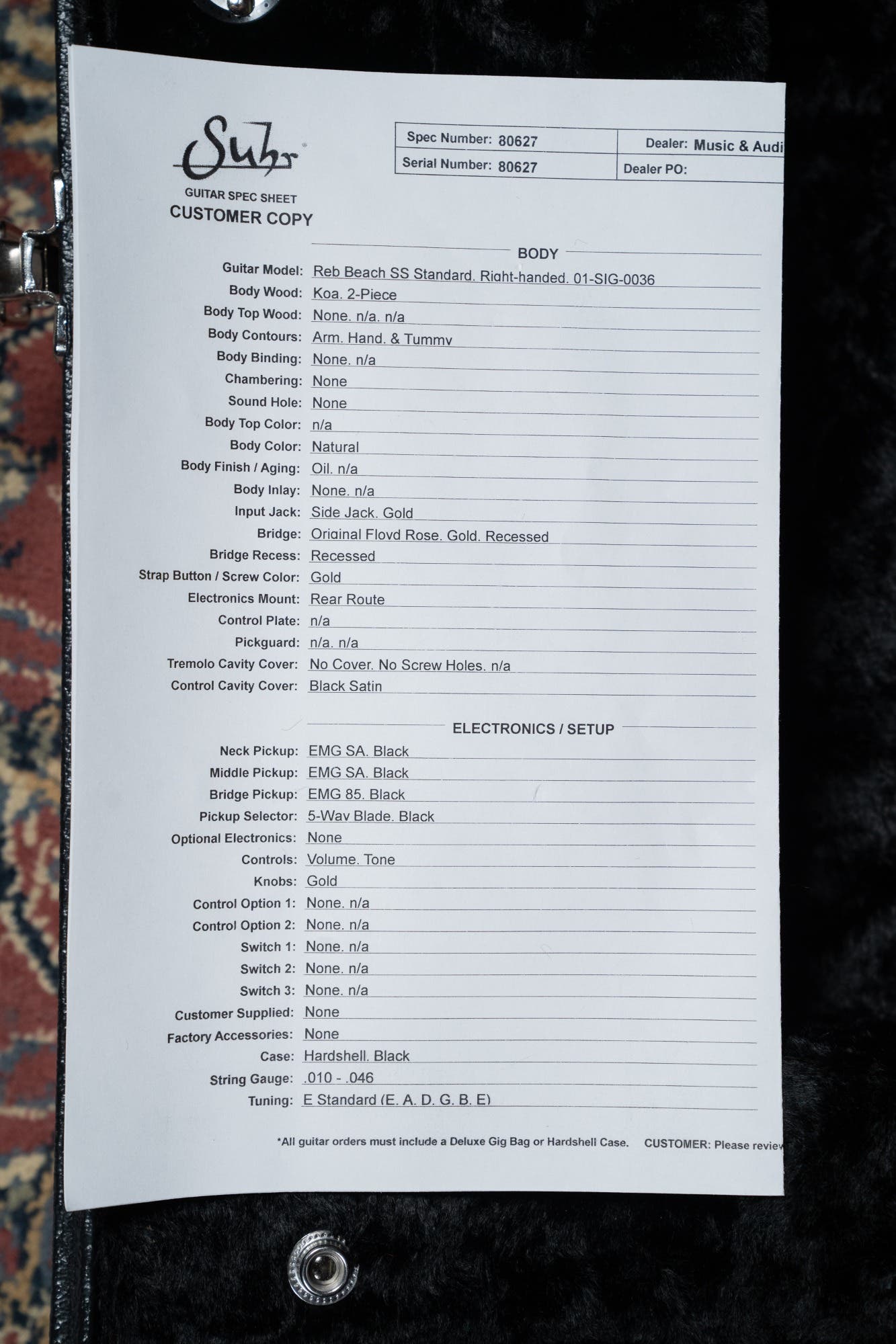 Suhr Reb Beach Signature Standard Guitar w/Case - Satin Koa PF